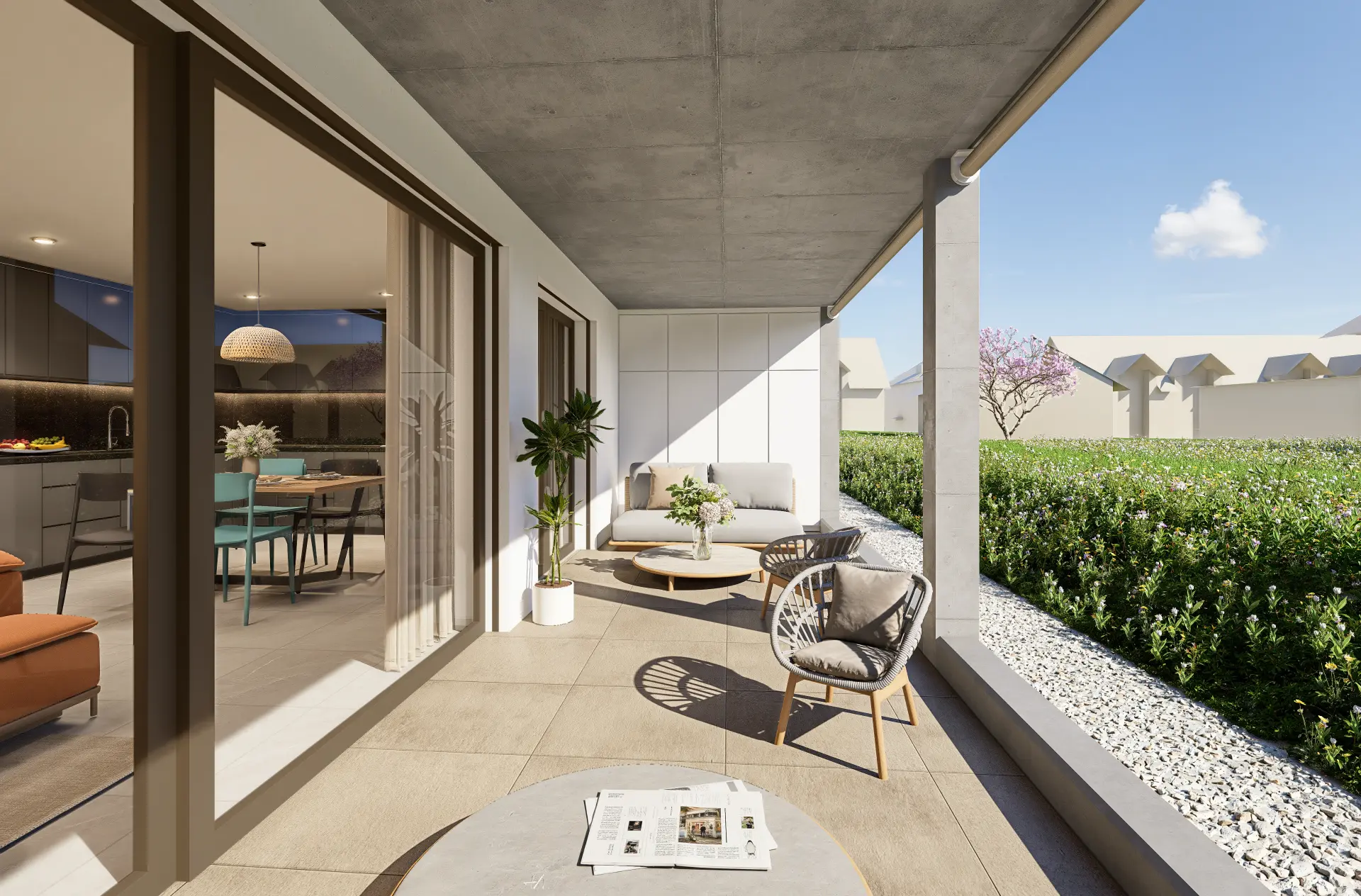 Säntis 7 Kloten, überdachte Terrasse mit Lounge-Möbeln und Blick in den Garten