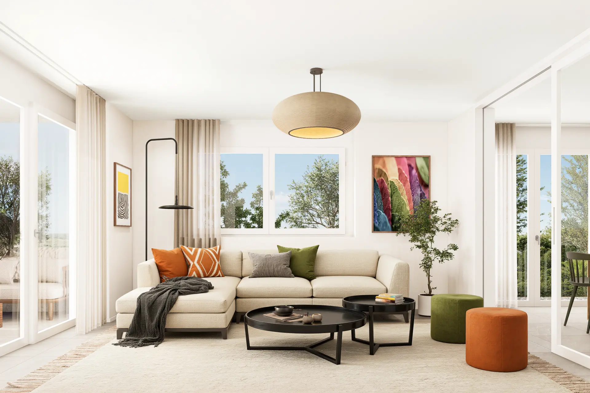 Säntis 7 Kloten, helles Wohnzimmer mit beigem Sofa, Balkonzugang und Essbereich