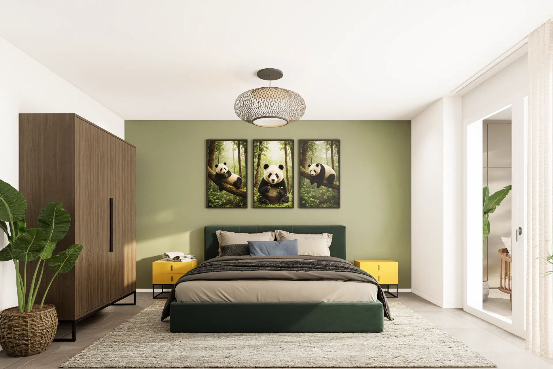 Säntis 7 Kloten, Schlafzimmer mit grünem Bett, Panda-Bildern und Pflanze