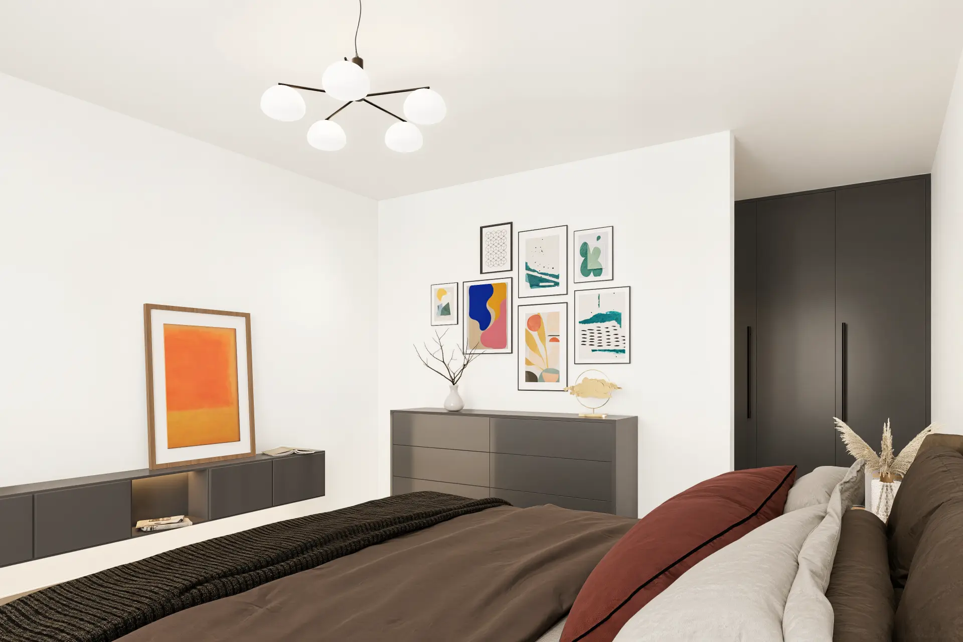 Säntis 7 Kloten, Schlafzimmer mit brauner Bettwäsche, Kommode und Bildergalerie