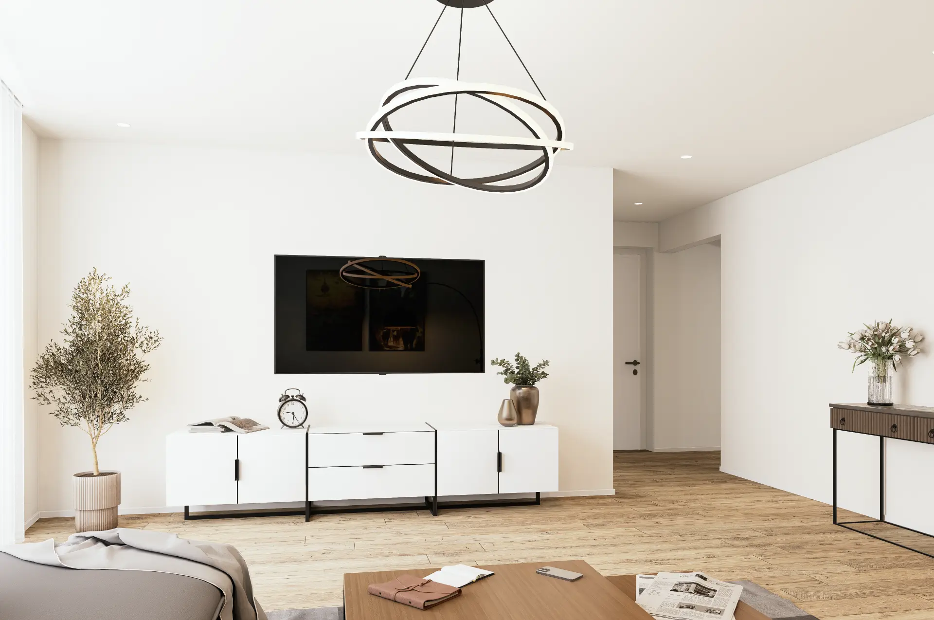 Doppeleinfamilienhaus Dübendorf, Wohnbereich mit TV-Wand, Sideboard und Leuchte