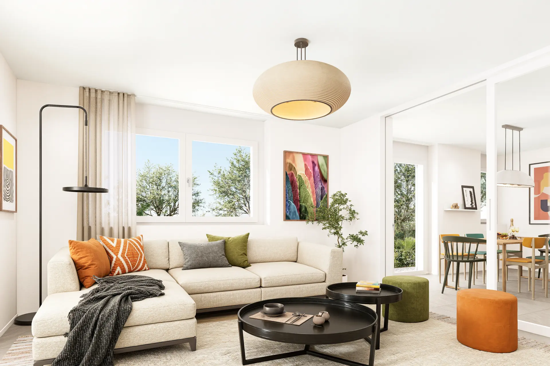 Säntis 7 Kloten, Wohnzimmer mit beigem Sofa, farbigen Kissen und TV-Wand