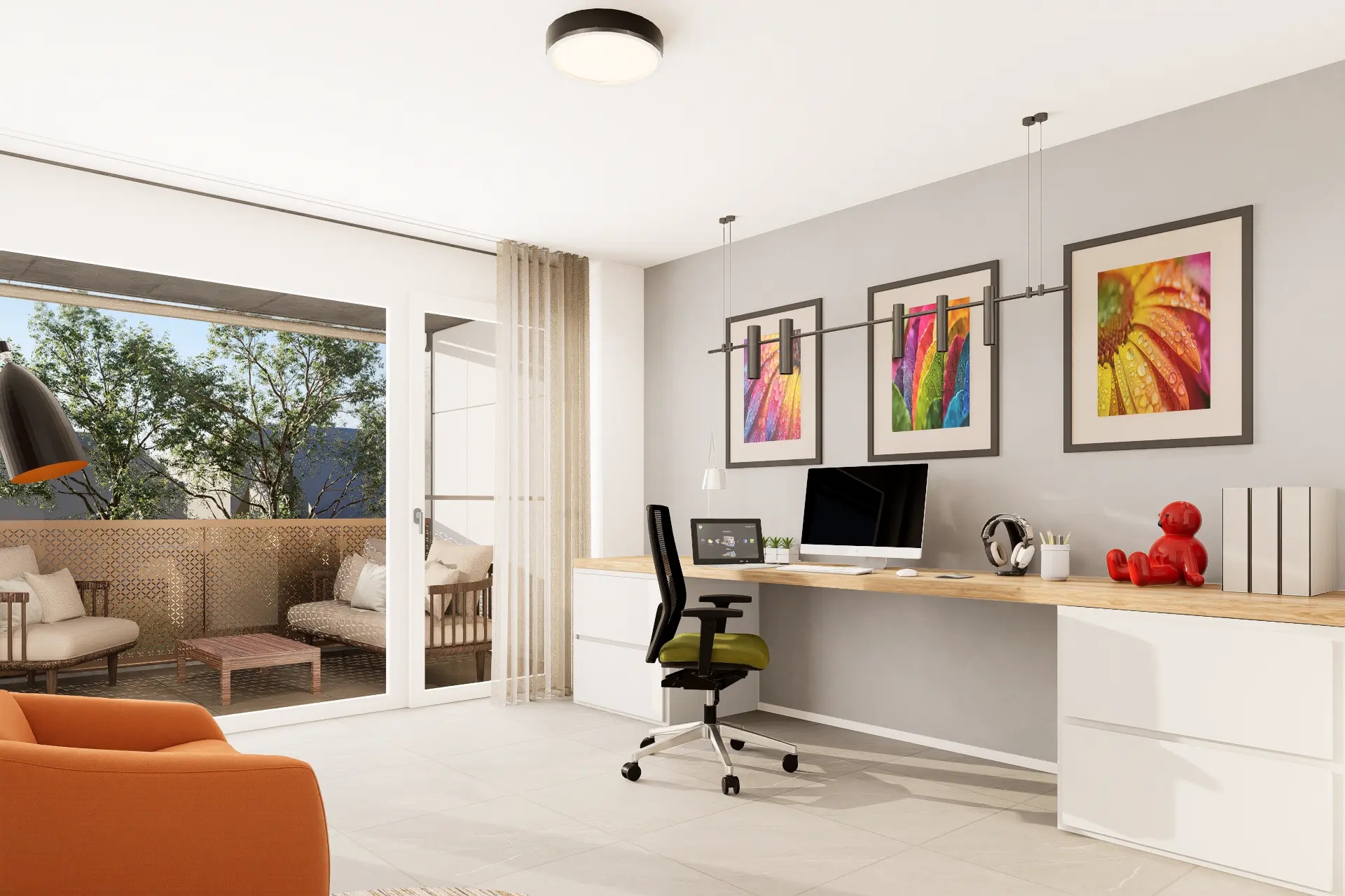 Säntis 7 Kloten, Home Office mit Schreibtisch, Balkonzugang und farbigen Bildern