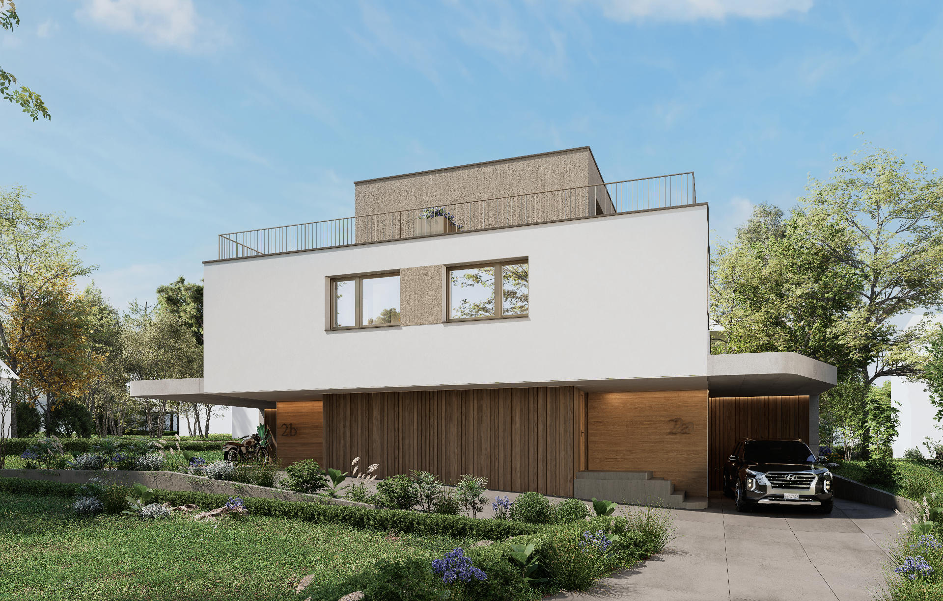 Doppeleinfamilienhaus Tulpe, Strassenansicht mit Eingang und Holzfassade