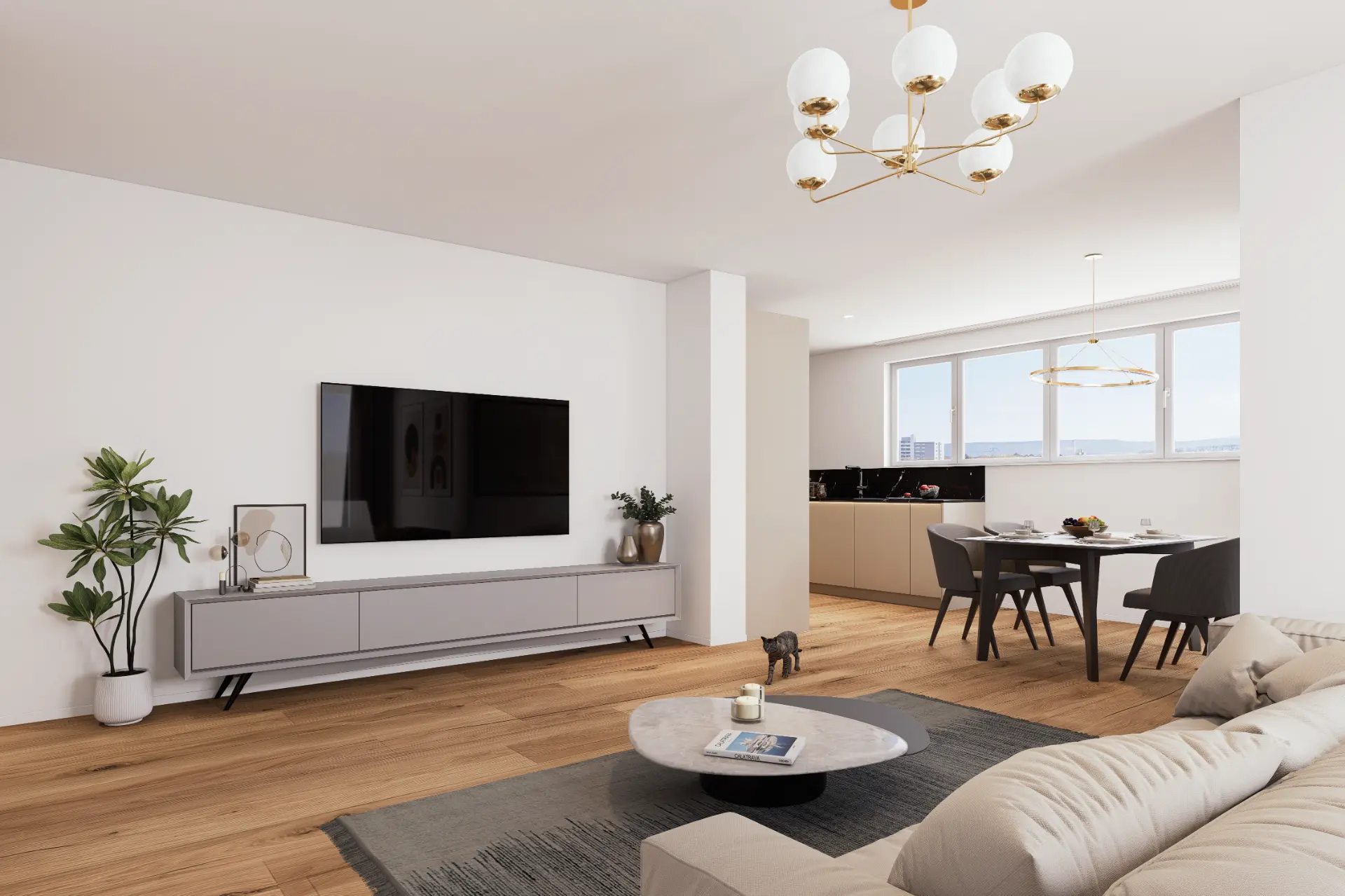 VIVO Opfikon, offener Wohn- und Essbereich mit TV-Wand und Küche