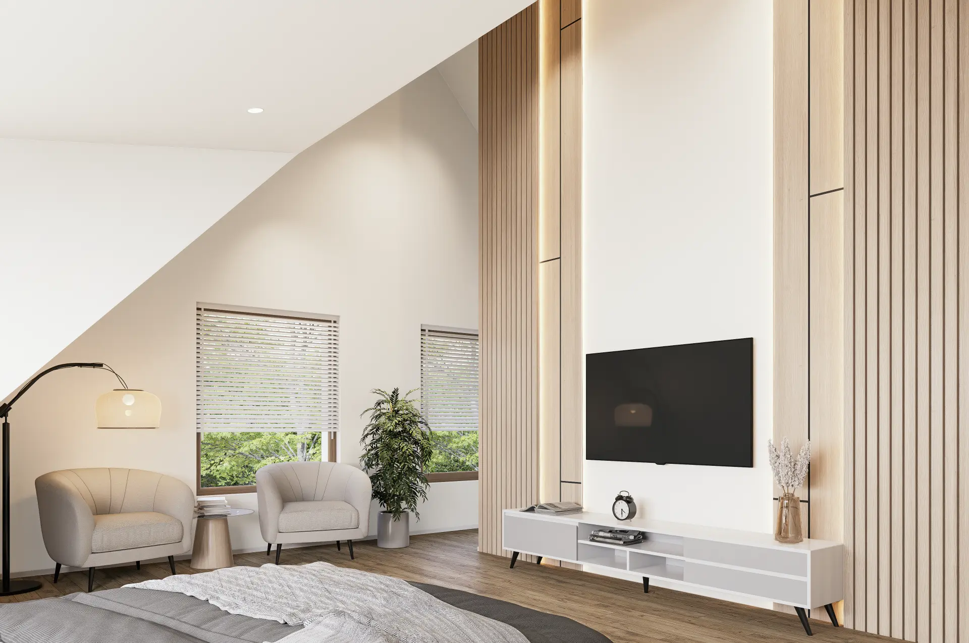 Doppeleinfamilienhaus Dübendorf, Schlafzimmer mit Sessel, TV-Wand und Holzlamellen