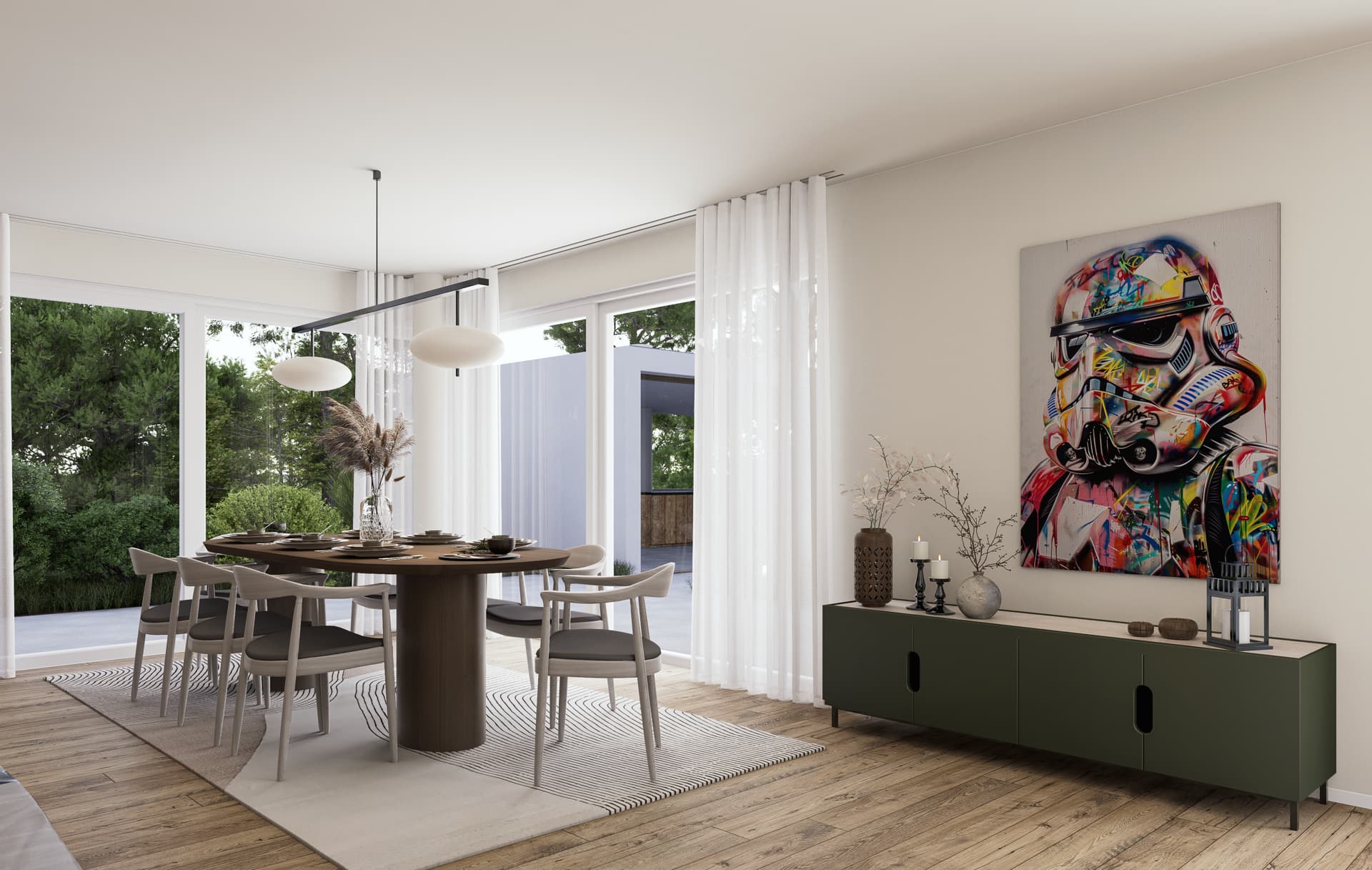 Mehrfamilienhaus Hiroki, Essbereich mit rundem Holztisch und Kunstwerk