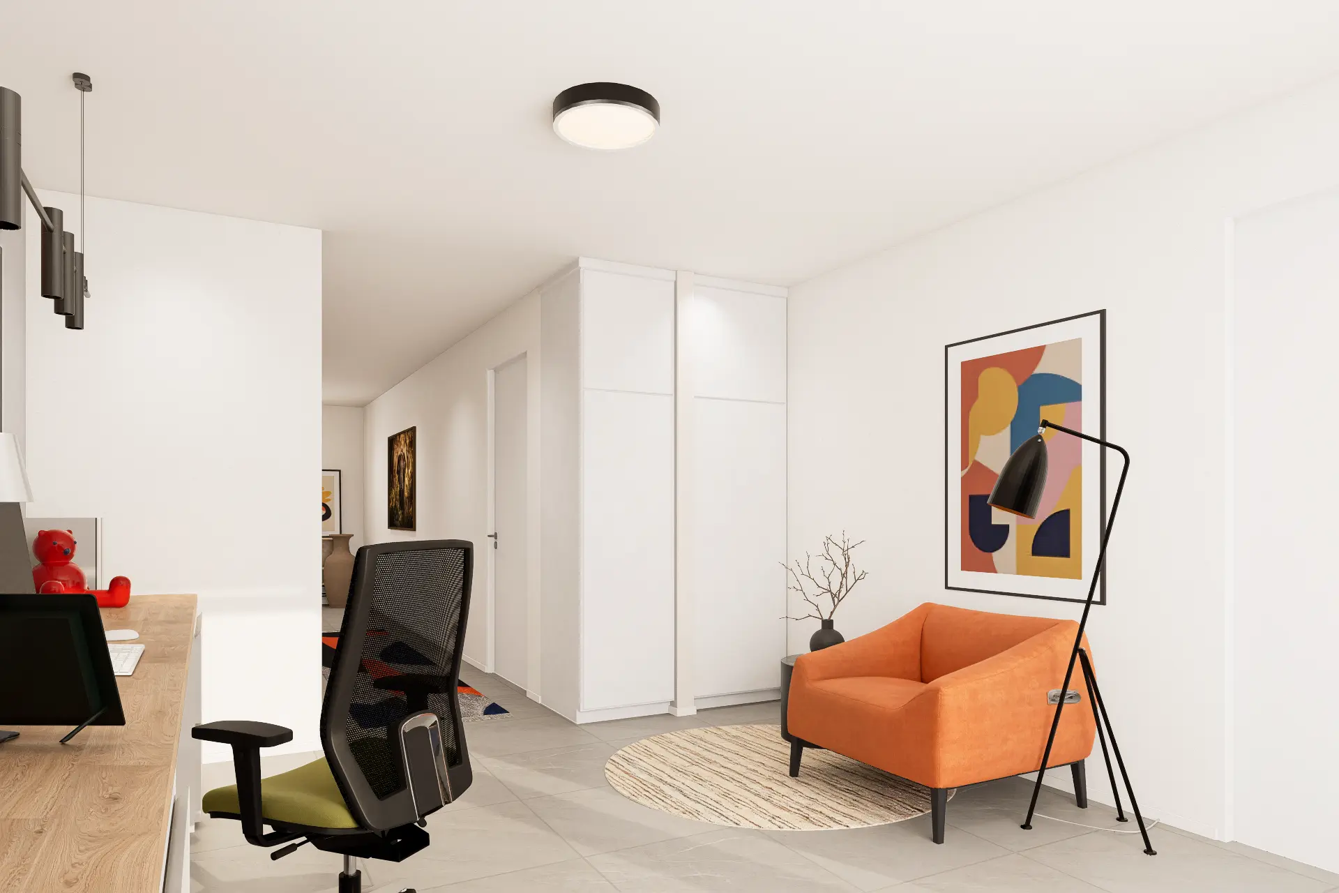 Säntis 7 Kloten, Wohnbereich mit orangem Sessel, Schreibtisch und Einbauschrank
