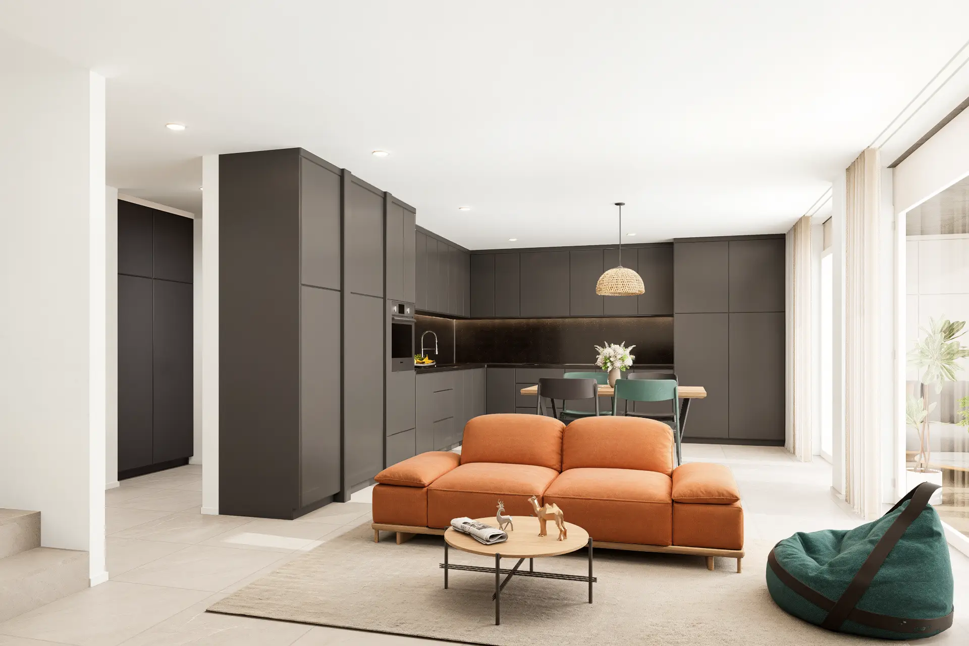 Säntis 7 Kloten, Wohnküche mit orangem Sofa, Esstisch und dunkler Küchenzeile