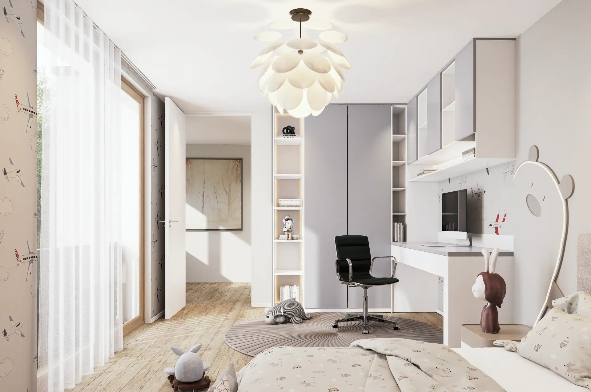 Doppeleinfamilienhaus Dübendorf, Kinderzimmer mit Arbeitsplatz und Einbauschrank
