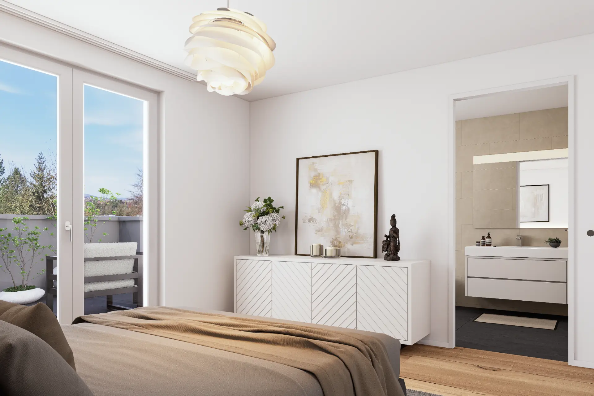VIVO Opfikon, Schlafzimmer mit Sideboard und Blick ins Badezimmer