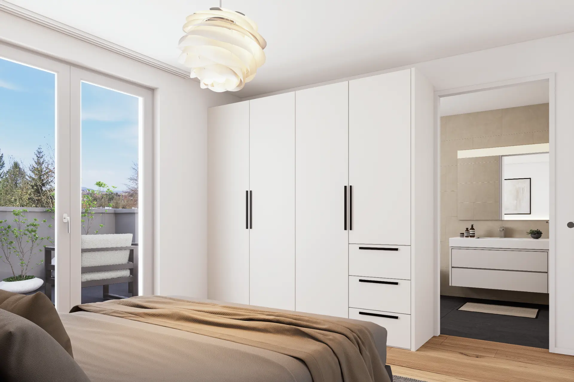 VIVO Opfikon, Schlafzimmer mit Einbauschrank und Balkonzugang