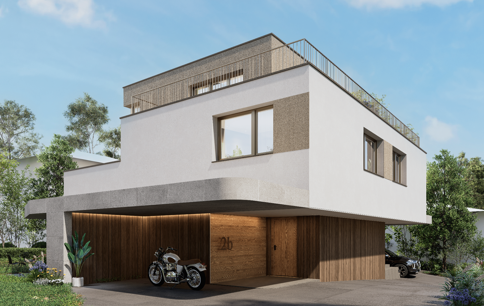 Doppeleinfamilienhaus Tulpe, Eingangsperspektive mit Holzverkleidung und Motorrad