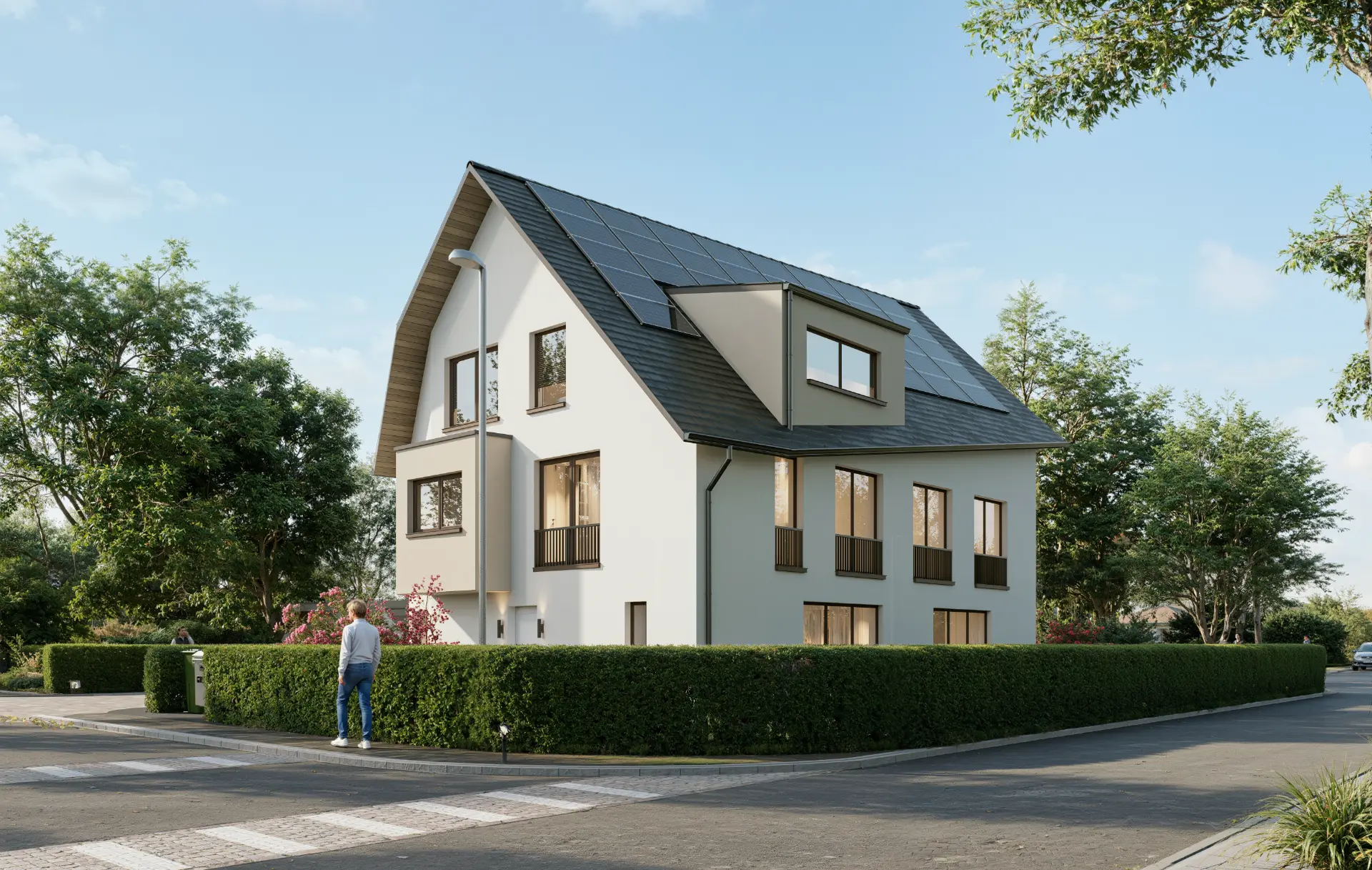 Doppeleinfamilienhaus Dübendorf, Giebelansicht mit Hecke