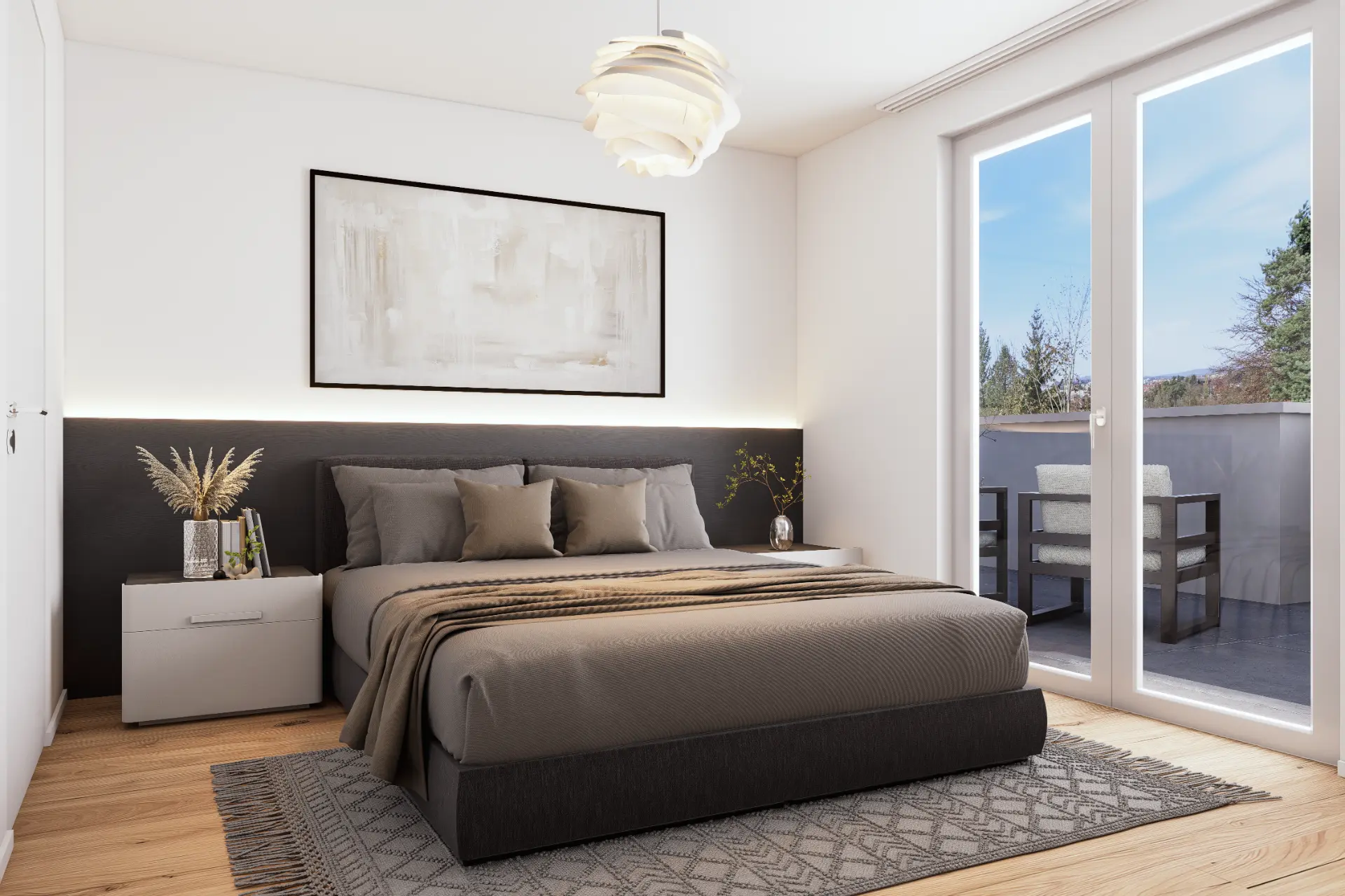 VIVO Opfikon, Schlafzimmer mit dunklem Betthaupt und beleuchteter Rückwand