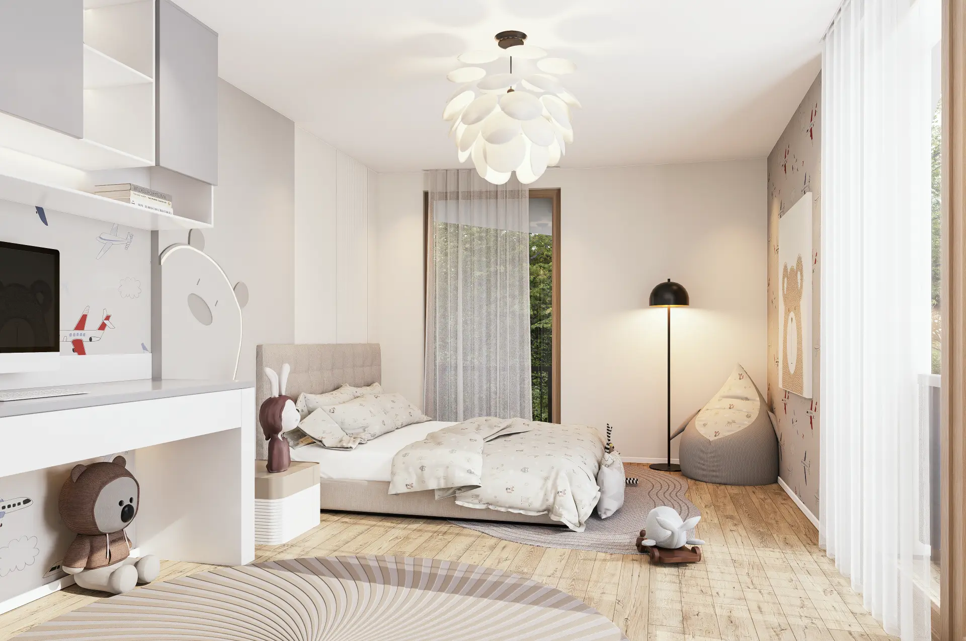 Doppeleinfamilienhaus Dübendorf, Kinderzimmer mit Spielbereich und Schreibtisch