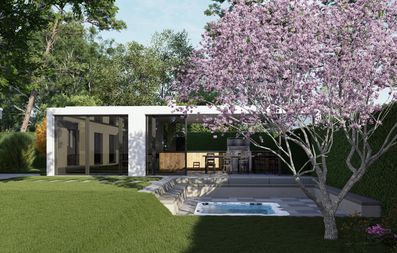 Mehrfamilienhaus Hiroki, Gartenbereich mit Outdoor-Küche, Pool und Magnolienbaum