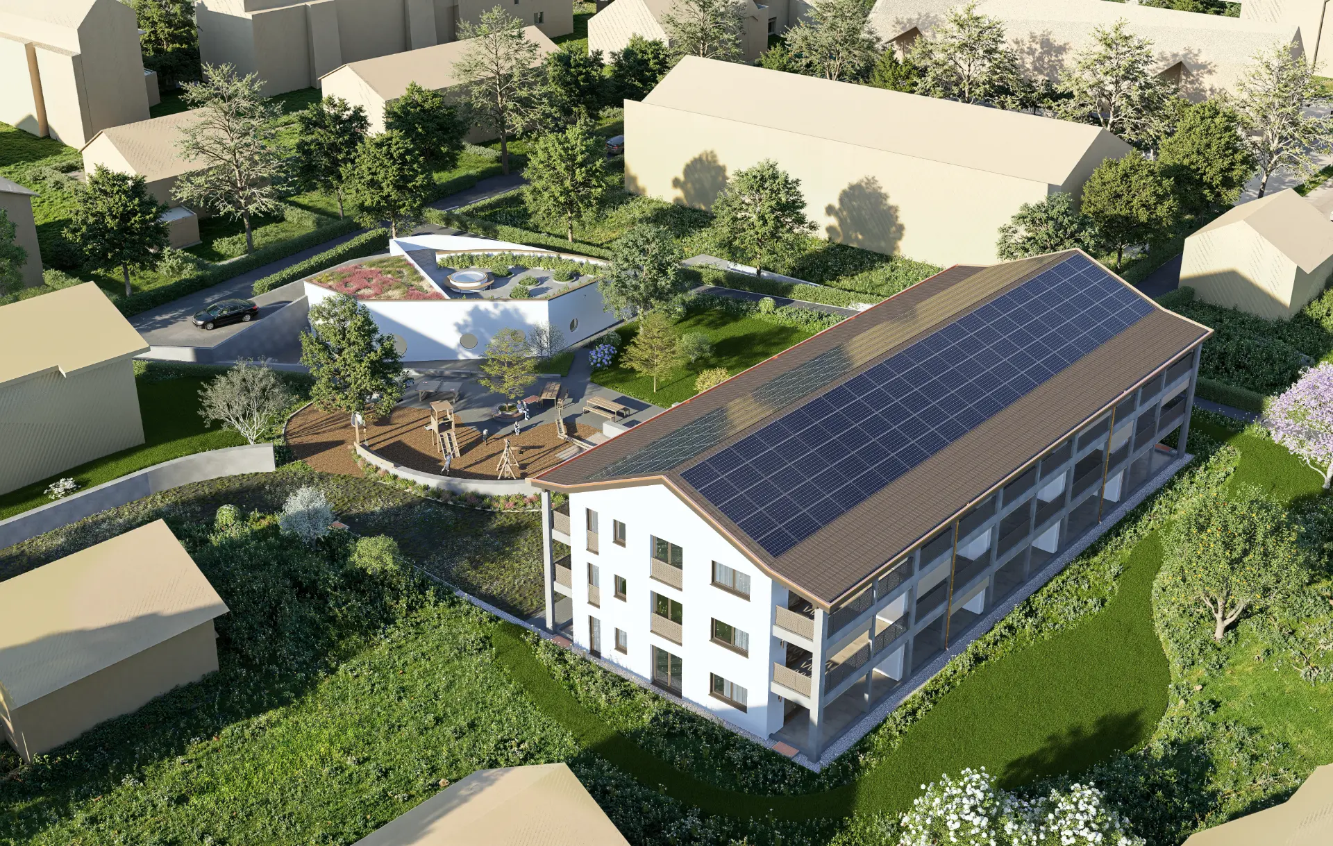 Säntis 7 Kloten, Luftansicht mit Photovoltaikdach, begrüntem Innenhof und Nachbarschaft