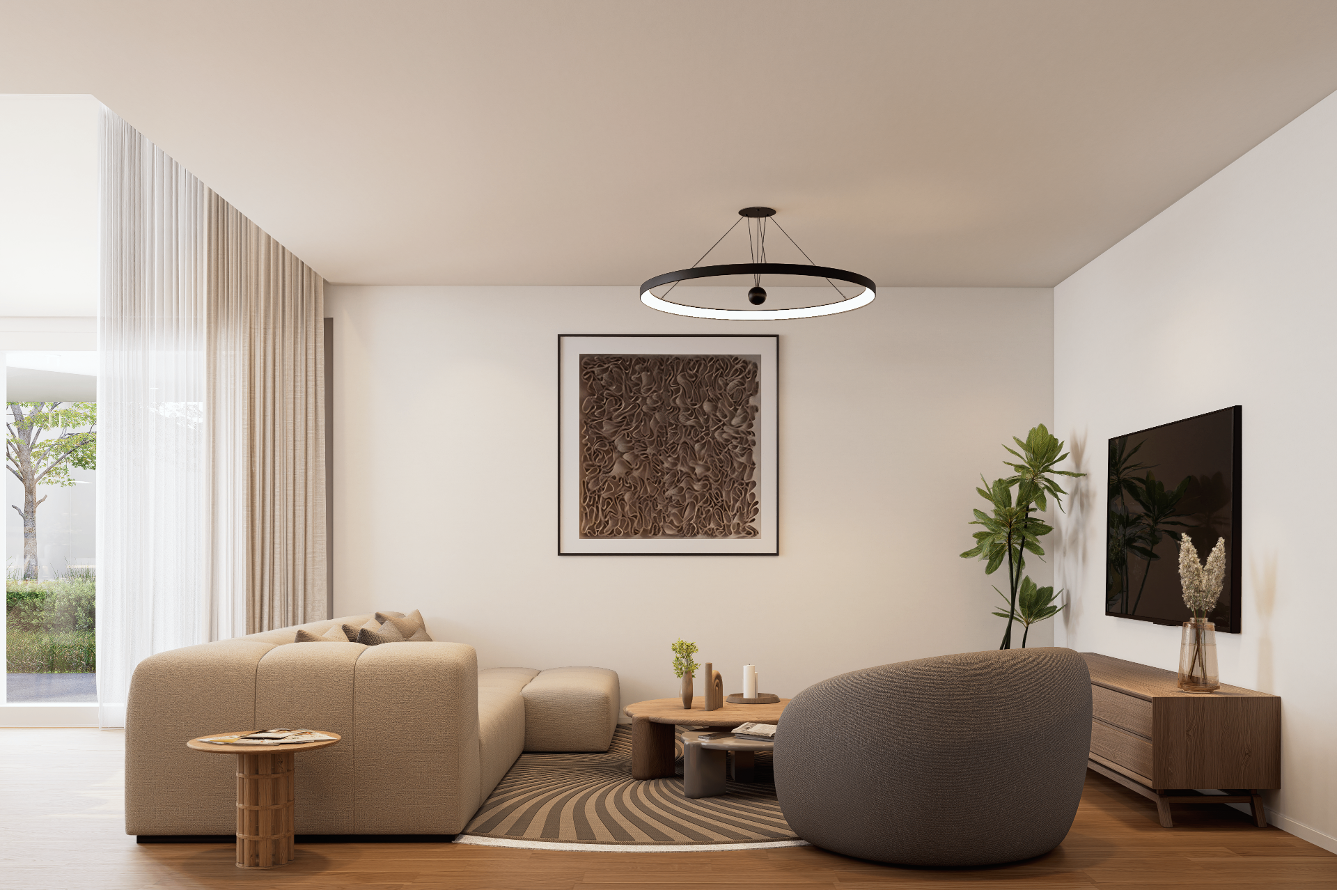 Doppeleinfamilienhaus Tulpe, Wohnzimmer mit warmer Möblierung und Kunstobjekt