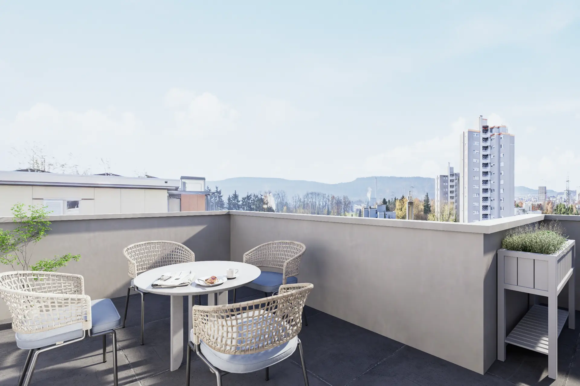 VIVO Opfikon, Terrasse mit Sitzgruppe und Weitblick