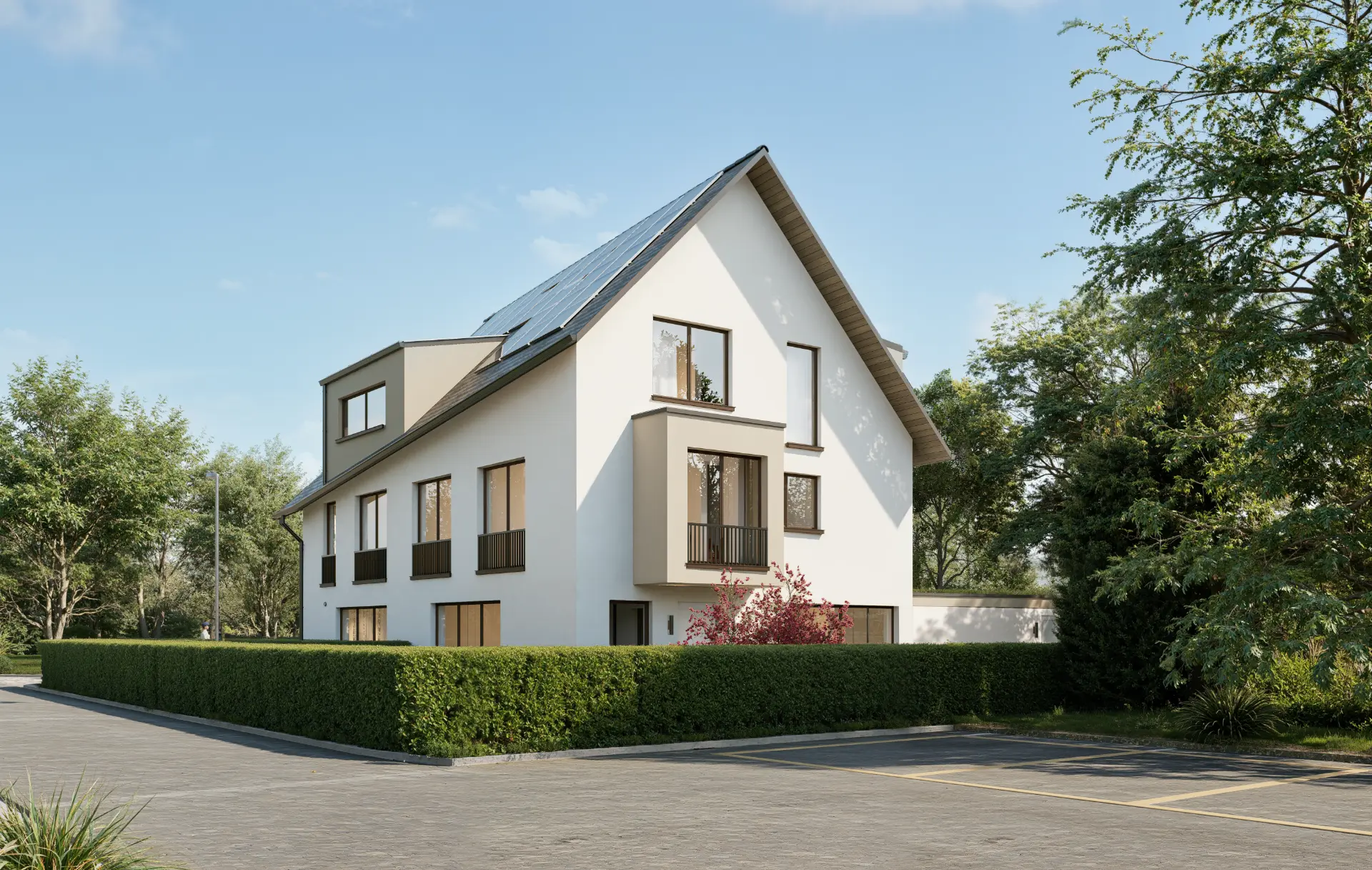 Doppeleinfamilienhaus Dübendorf, Seitenansicht mit Garten