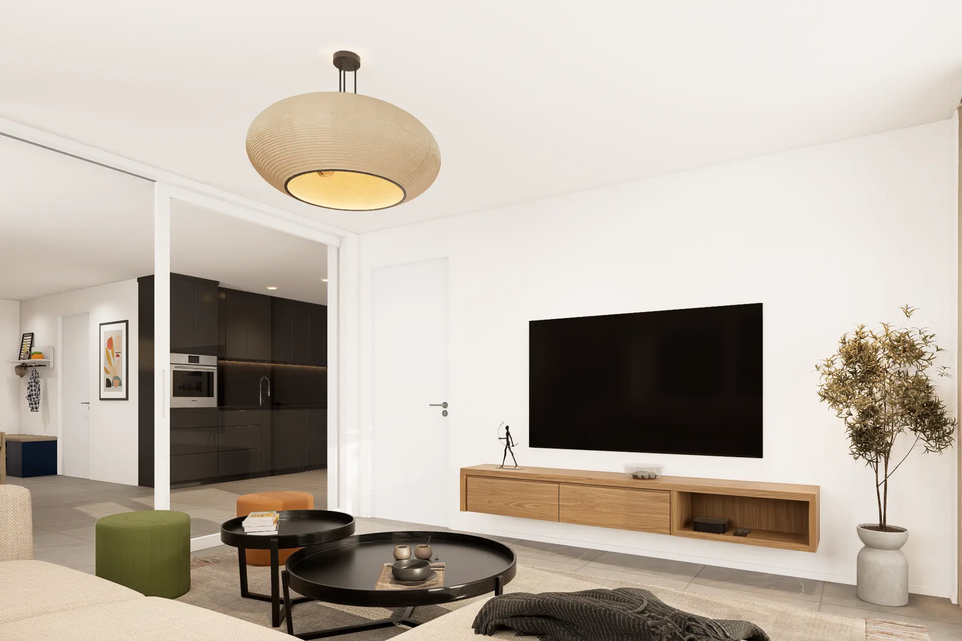 Säntis 7 Kloten, Wohnzimmer mit Sideboard, TV und Blick auf Balkon