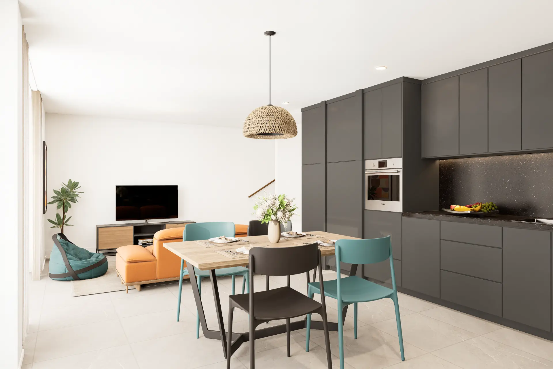 Säntis 7 Kloten, Essbereich mit Holztisch, Stühlen und offener Küche