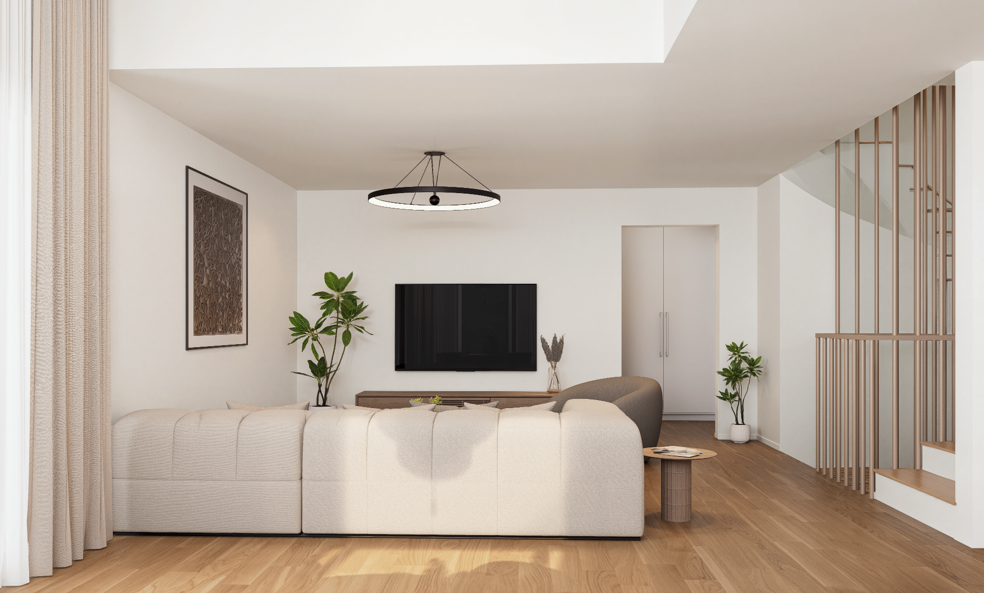 Doppeleinfamilienhaus Tulpe, Wohnbereich mit Sofa, TV-Wand und Treppenaufgang