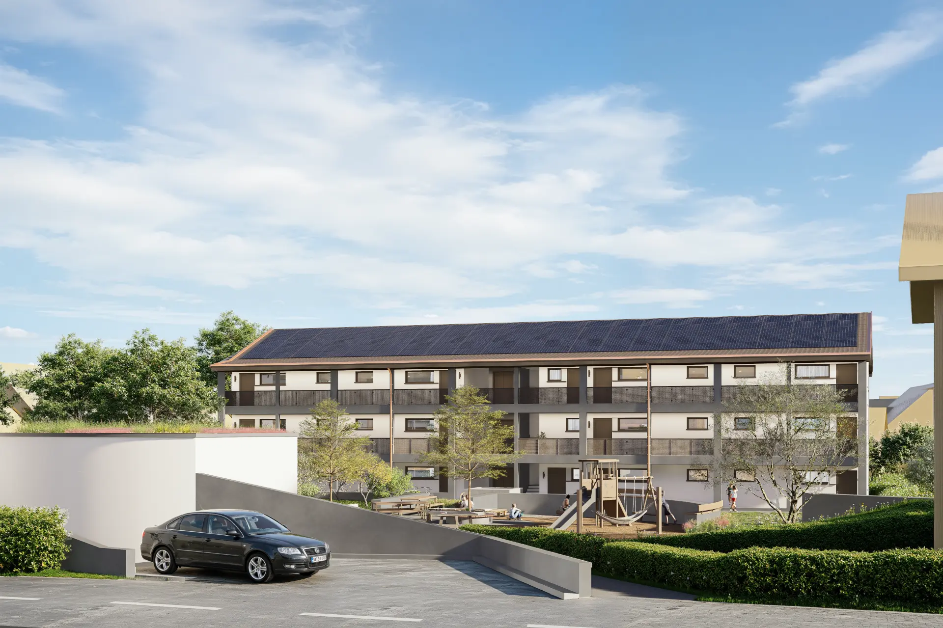 Säntis 7 Kloten, Ansicht mit Zufahrt, Parkplatz und Eingangsbereich