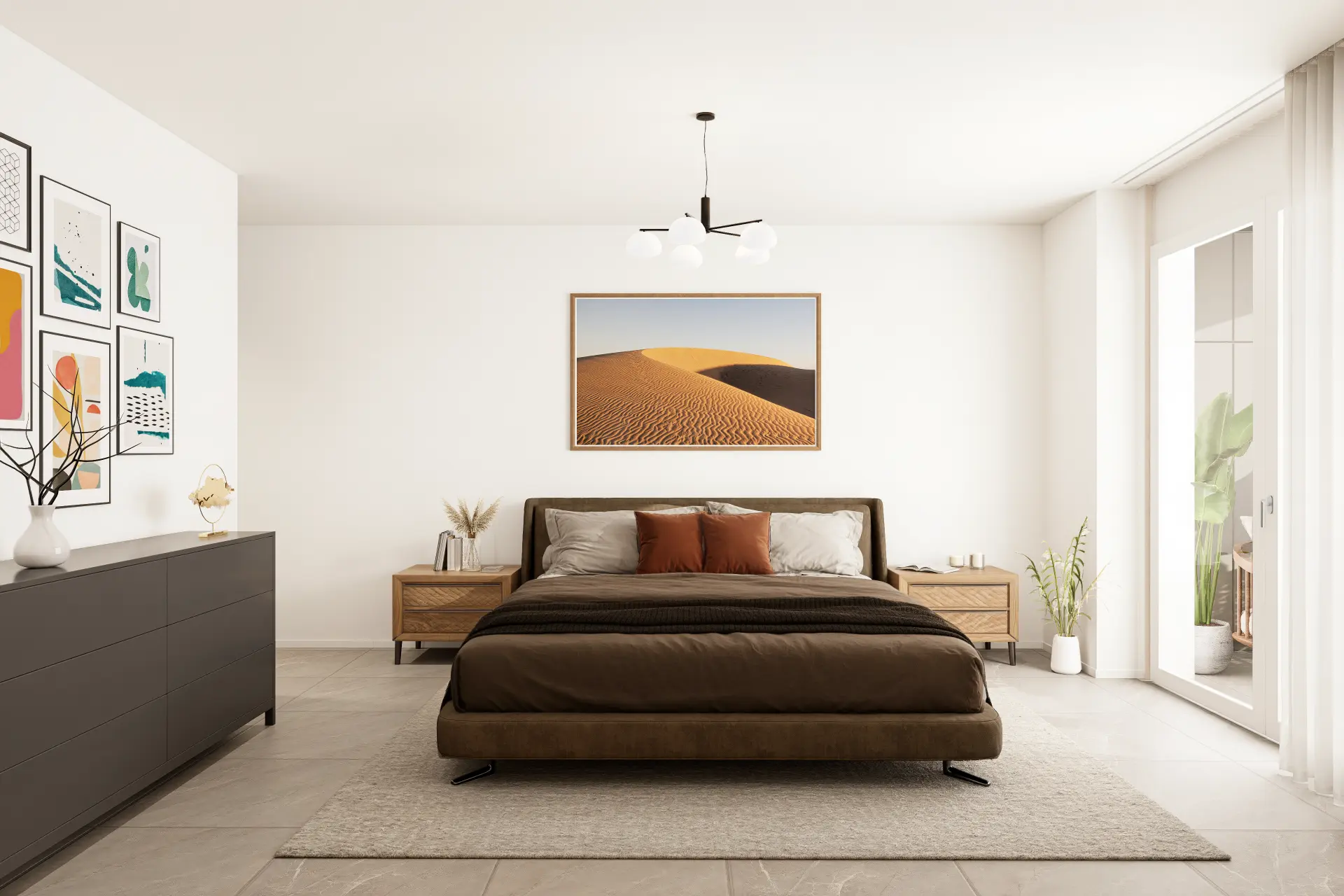 Säntis 7 Kloten, Schlafzimmer mit Doppelbett, Nachtkästchen und Wüstenbild