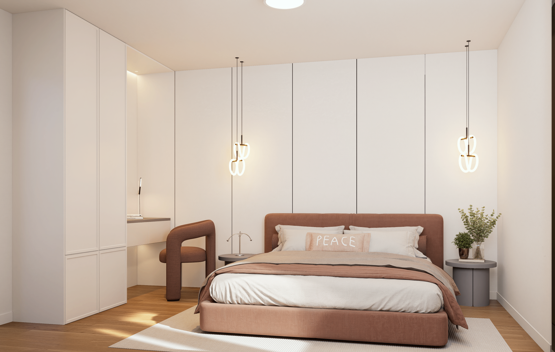 Doppeleinfamilienhaus Tulpe, Schlafzimmer mit Polsterbett und Pendelleuchten