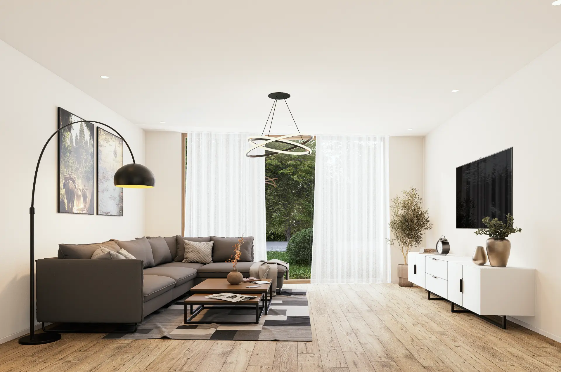 Doppeleinfamilienhaus Dübendorf, Wohnzimmer mit Sofa, TV-Wand und Gartenblick