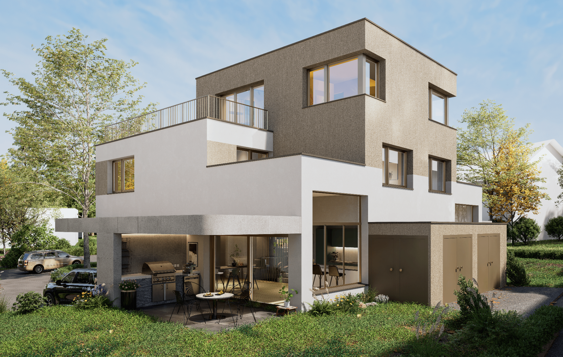 Doppeleinfamilienhaus Tulpe, Rückansicht mit Terrasse und Nebenräumen