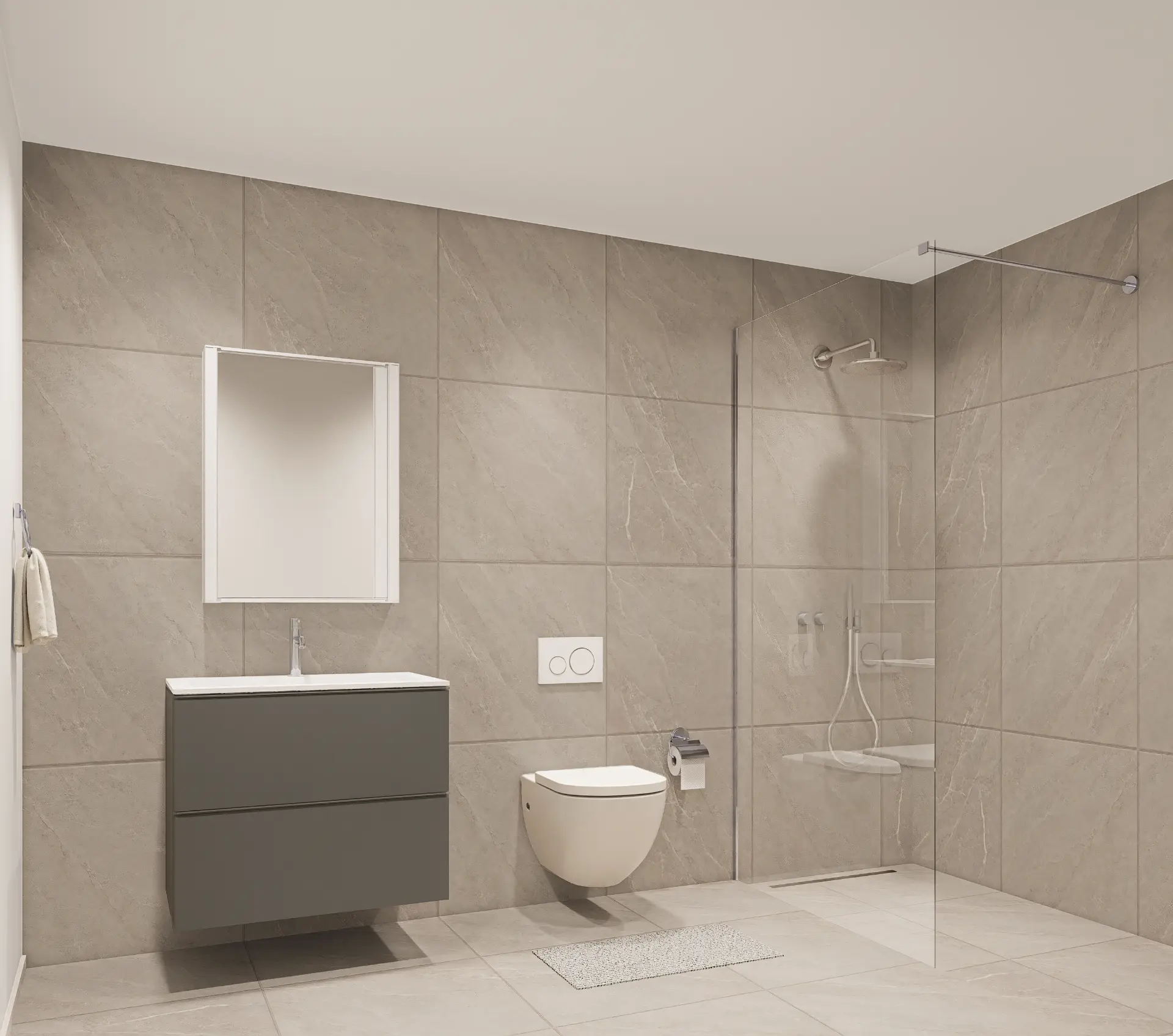 Säntis 7 Kloten, Badezimmer mit Waschtisch, WC und bodengleicher Dusche