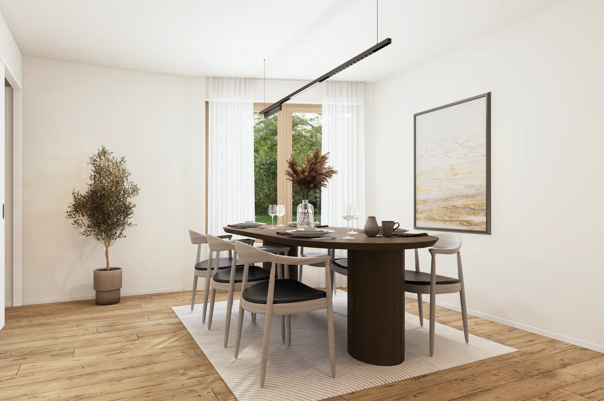 Doppeleinfamilienhaus Dübendorf, Esszimmer mit Dekoration und Gartenblick