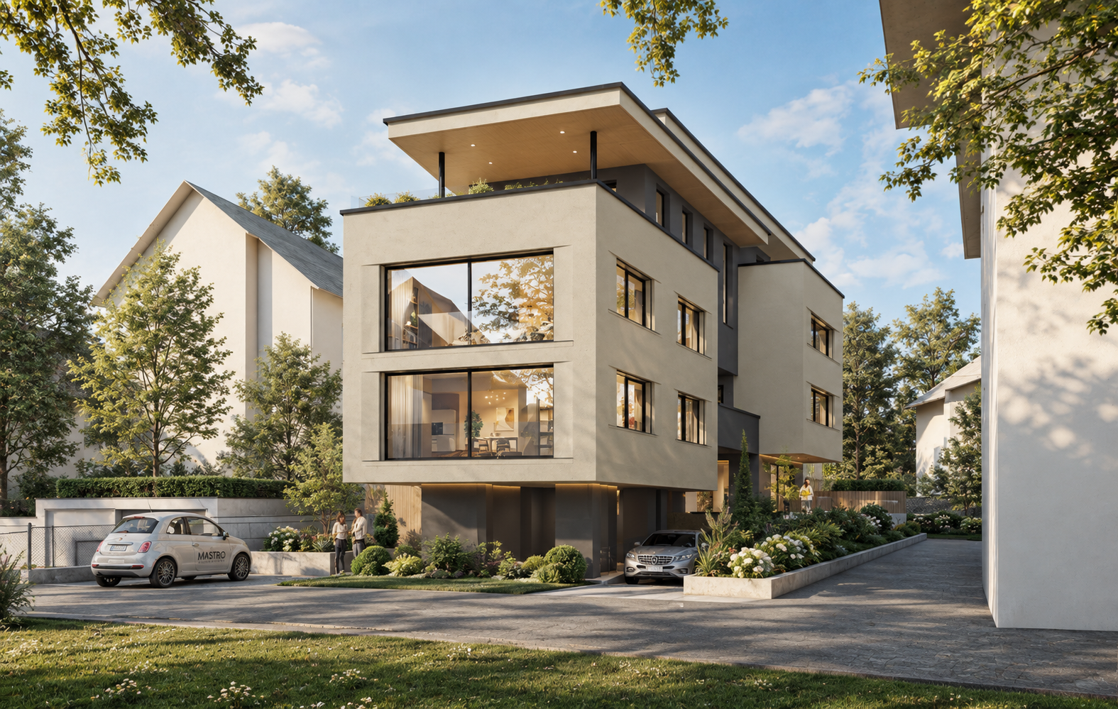 Mehrfamilienhaus Baar, Seitenansicht mit grossen Fensterfronten