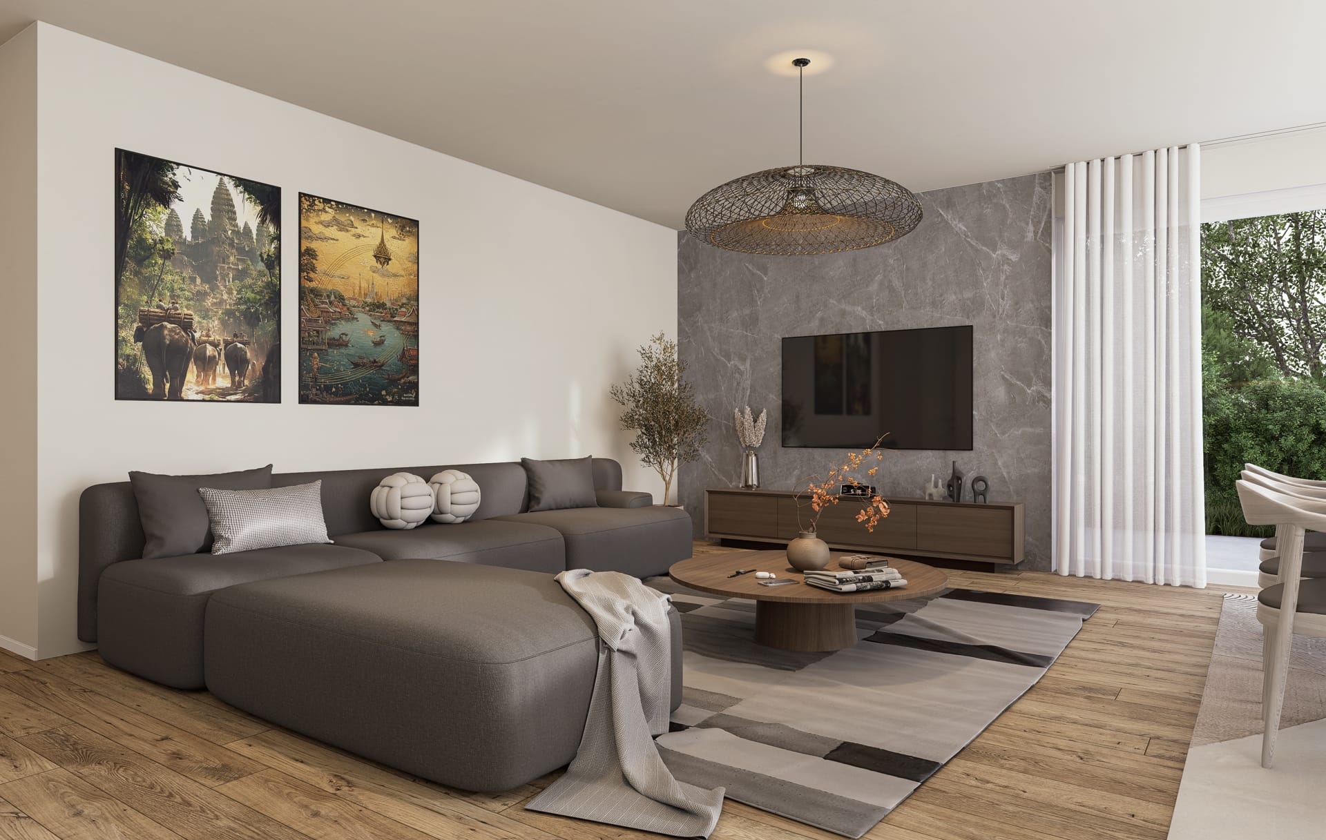 Mehrfamilienhaus Hiroki, Wohnzimmer mit Sofa, TV-Wand aus Marmor und warmem Parkett