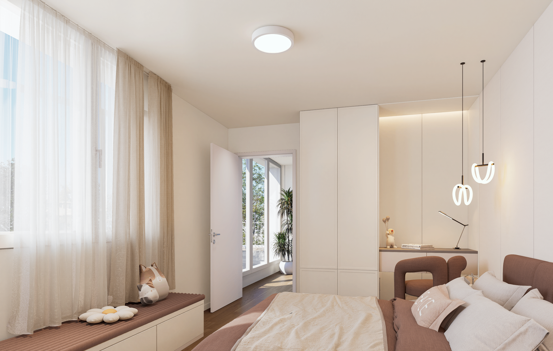 Doppeleinfamilienhaus Tulpe, Kinderzimmer mit Fensterbank und Arbeitsplatz