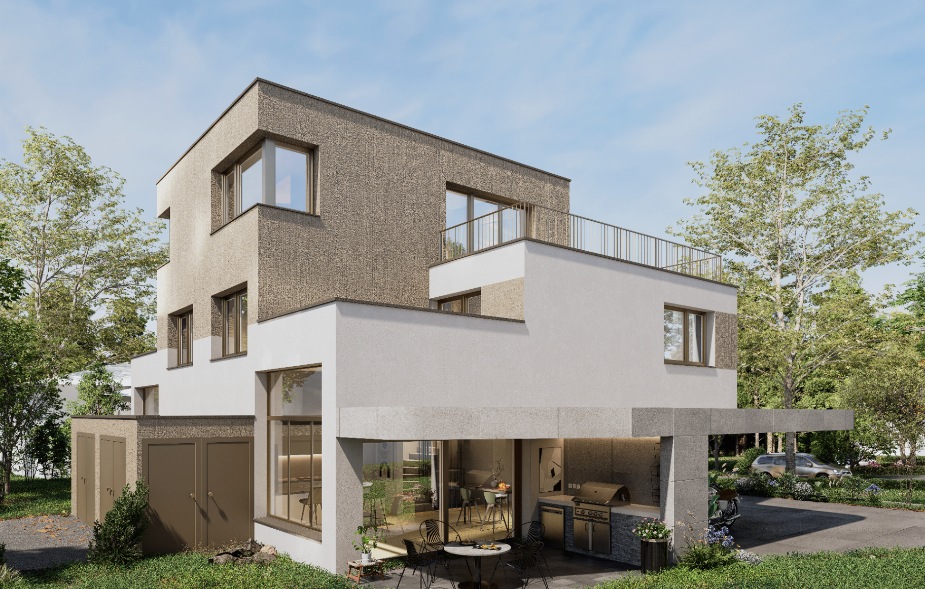 Doppeleinfamilienhaus Tulpe, Gartenansicht mit Terrasse und Aussenküche